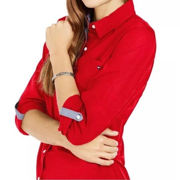 Plus Size Cotton Red Roll-Tab Shirt NWT - Picture 4 of 11